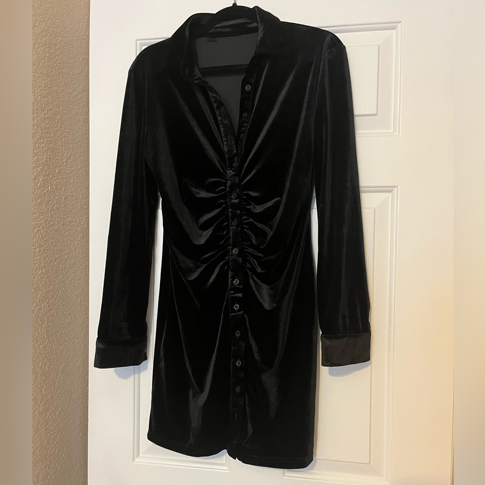 Black Satin Button Up Dress